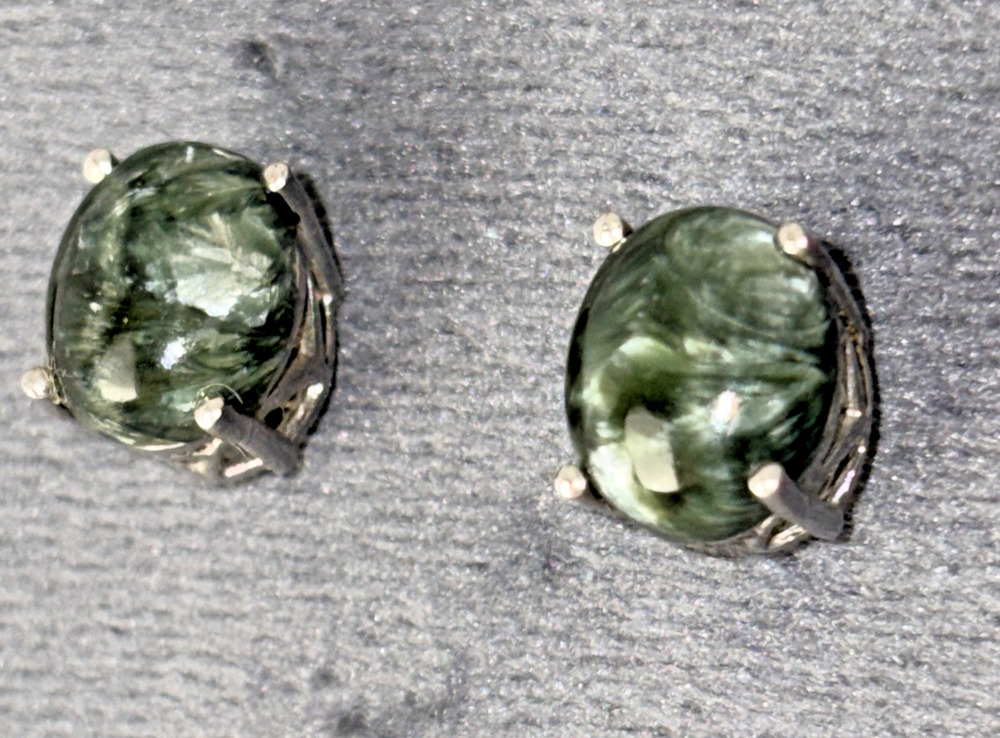 STS Nephrite And Jadeite Sterling Silver Stud Earrings Cabochon Jade 925 Vintage